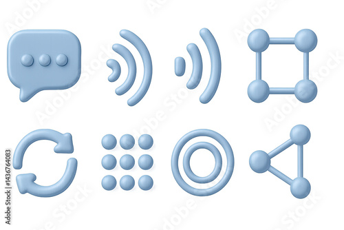 Communication and connectivity 3d icons set – sleek style network, messaging, and digital interaction symbols for technology: chat, signal, connection, refresh, grid, target, share.