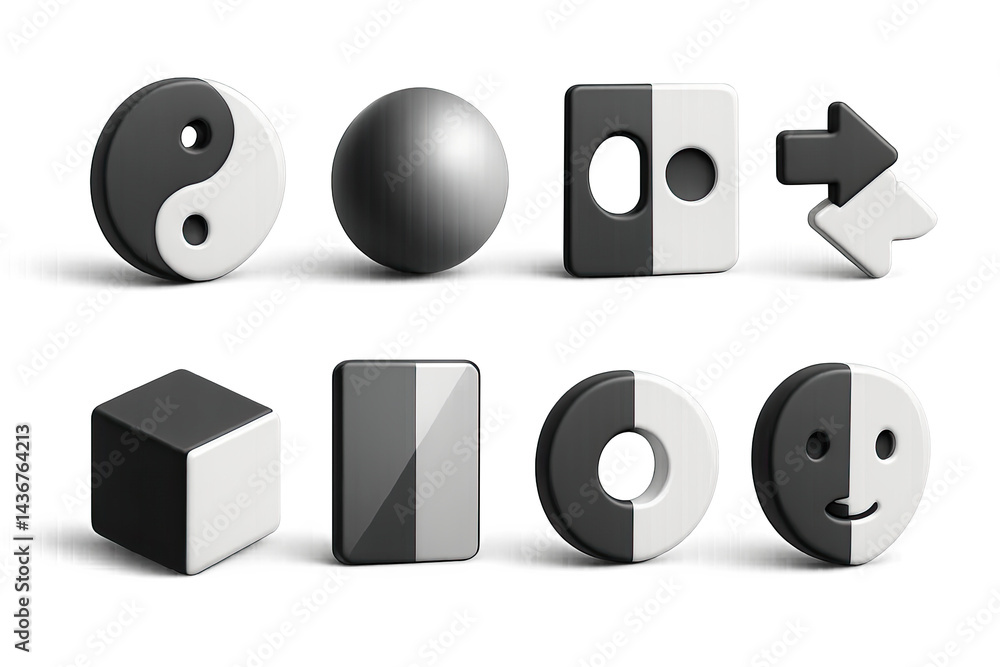 Abstract minimalist icon set – 3d yin yang, playful shapes, and stylish symbols for creative projects: yin yang, sphere, cube, arrow, face
