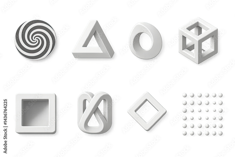Abstract geometric icon set – 3d style modern, conceptual, and minimal symbols for creative design: spiral, triangle, circle, cube, square, twist, diamond, grid.