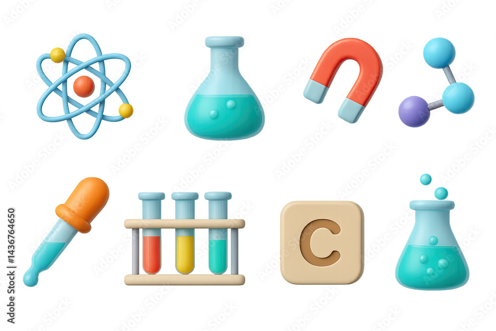 Science and education 3d icons set – isometric learning, chemistry, and experiment symbols for academic projects: atom, beaker, magnet, molecule, pipette, test tubes.