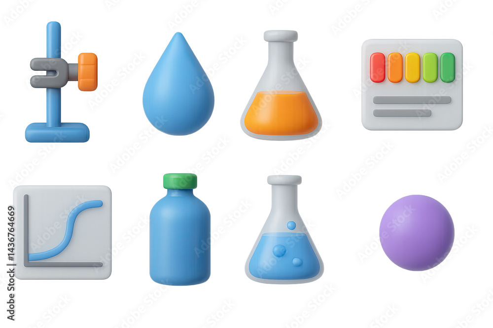 Chemistry and science 3d icons set – laboratory, research, and experiment symbols for educational projects: test tube, beaker, laboratory flask, data chart, dropper, vial, molecule, pipette.