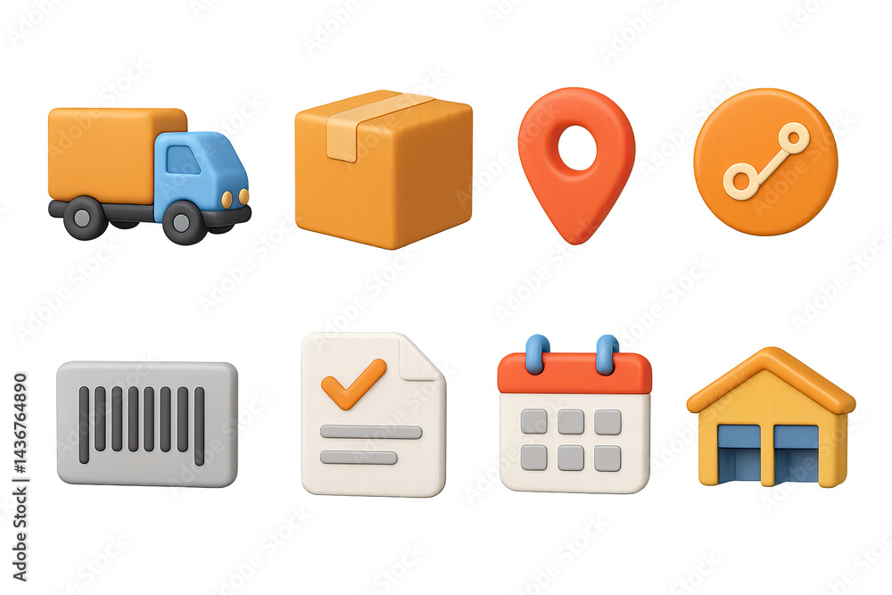 Logistics and delivery 3d icon set – shipping, supply chain, and package management symbols for transport solutions: truck, box, location, barcode, document, calendar, warehouse.