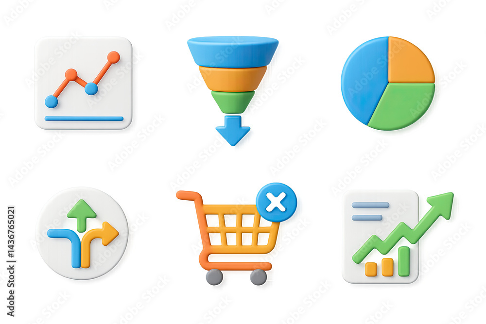 E-commerce and analytics 3d icon set – flat style marketing, data analysis, and business symbols for online success: graph, funnel, pie chart, direction, cart, report