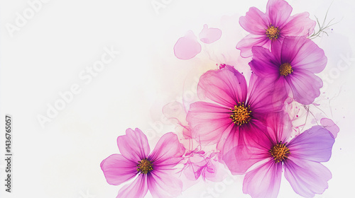 watercolor botanical Cosmos flowers texture template background.Elegant wedding invitation card background . Minimal hand painted Design for wedding or Valentine's Day