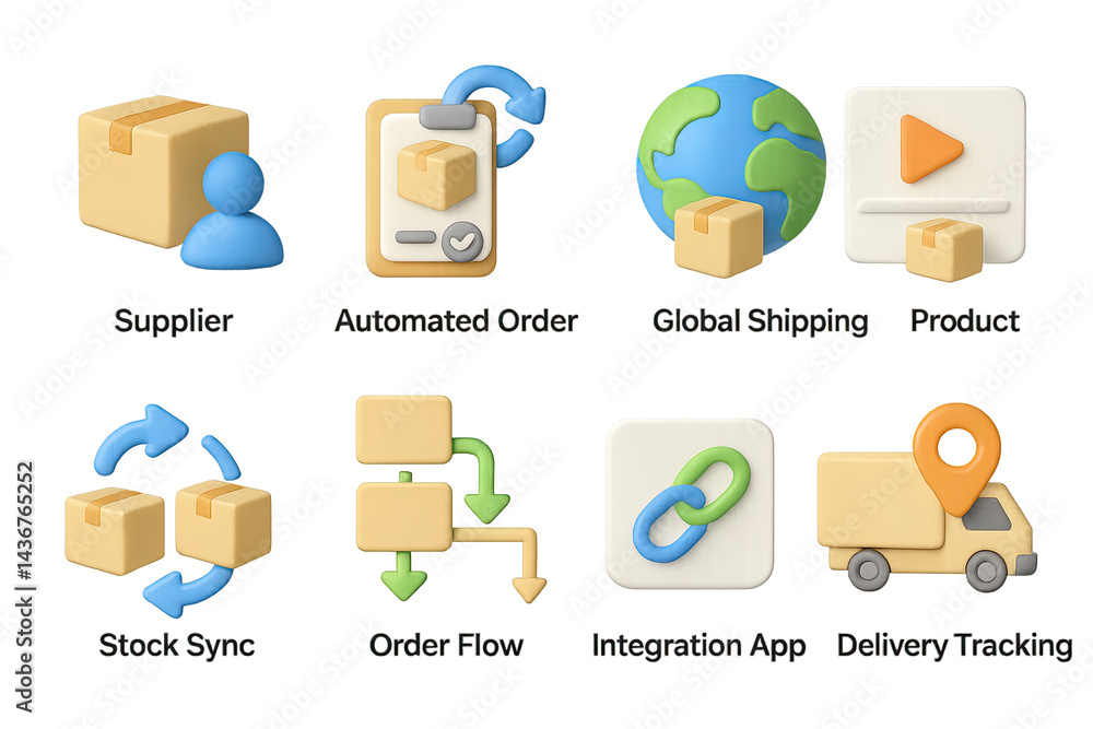 E-commerce 3d icons set – flat style logistics, order management, and global shipping symbols: supplier, automated order, product, stock sync, delivery truck, globe.