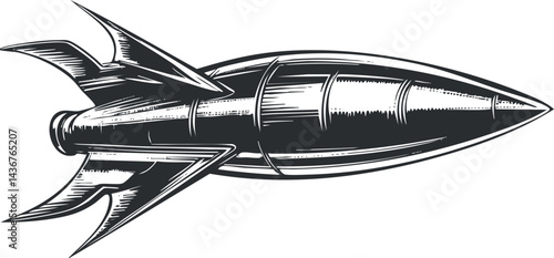 Black and white vintage style illustration of a rocket or missile designed for space exploration or aerospace technology.