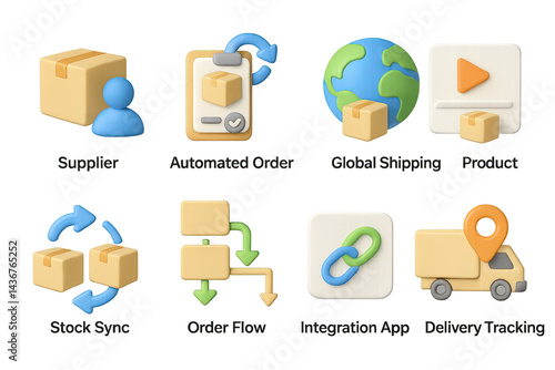 Obraz na płótnie E-commerce 3d icons set – flat style logistics, order management, and global shipping symbols: supplier, automated order, product, stock sync, delivery truck, globe. w salonie
