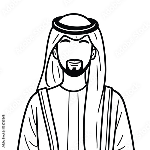 A line drawing represents a man in traditional Middle Eastern clothing