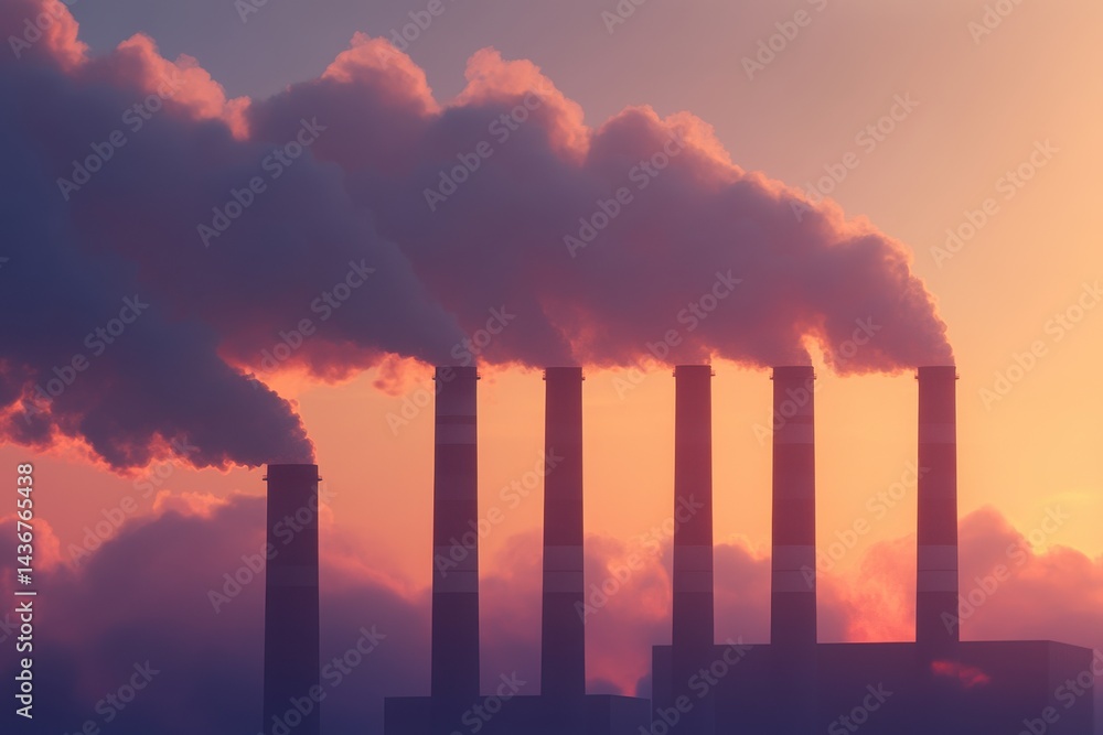 Obraz premium Industrial smokestacks releasing thick smoke at sunset, creating a dramatic and somber atmosphere.