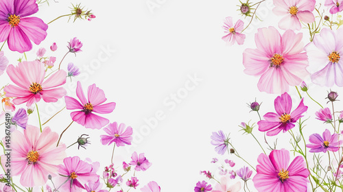 watercolor botanical Cosmos flowers texture template background.Elegant wedding invitation card background . Minimal hand painted Design for wedding or Valentine's Day