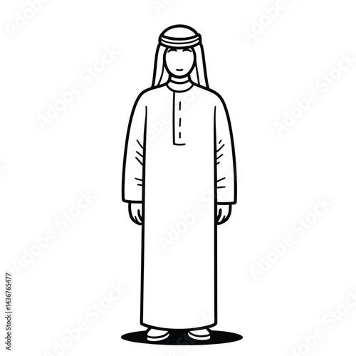 A line drawing represents a man in traditional Middle Eastern clothing