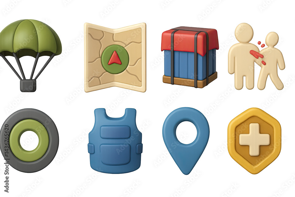 Battle royale game 3d icons – isometric style survival, strategy, and gaming symbols for virtual adventures: parachute, map, supply crate, player, target, armor, location, health