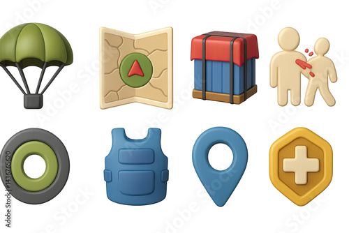 Obraz na płótnie Battle royale game 3d icons – isometric style survival, strategy, and gaming symbols for virtual adventures: parachute, map, supply crate, player, target, armor, location, health w salonie