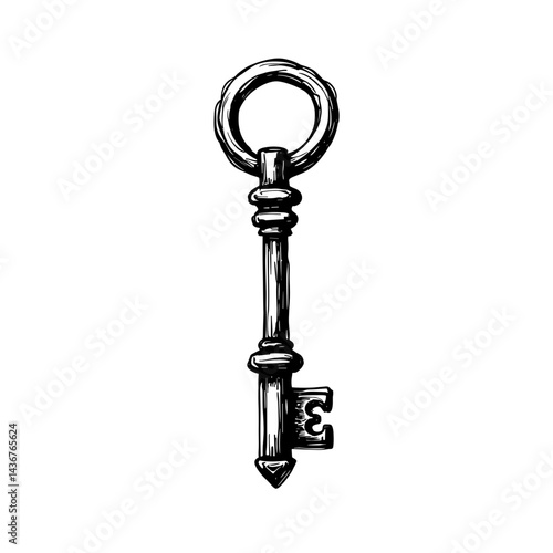 Antique key with detailed engraving representing mystery unlocking hidden treasures in quests and adventure games