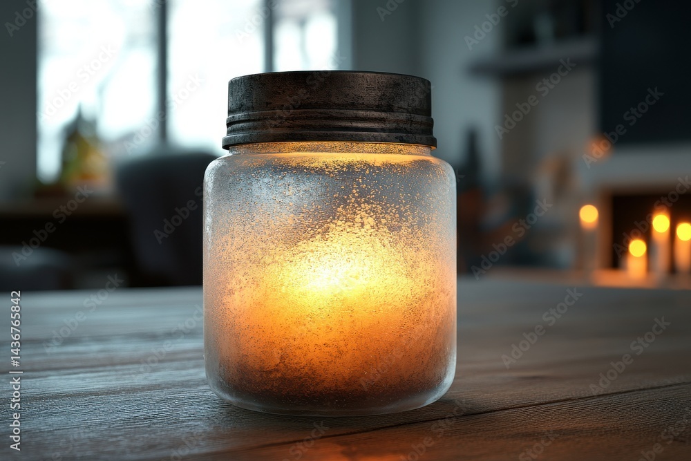A warm, glowing candle in a frosted jar, creating a cozy atmosphere in a softly lit room. A warm, glowing candle in a frosted jar, creating a cozy atmosphere in a softly lit room.
