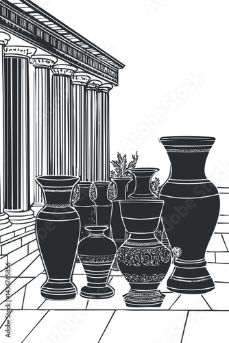 Black and white illustration of ancient vases arranged near classical architectural columns outdoors