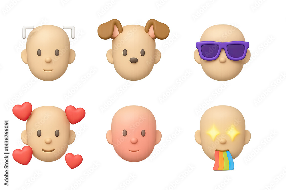 Creative 3d emoji icon set – isometric style for social media and messaging: heart eyes, puppy filter, sunglasses emoji, hearts head, starry eyes, rainbow vomit