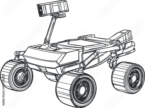 Black and white line drawing of a four-wheeled Mars rover with robotic arm for space exploration