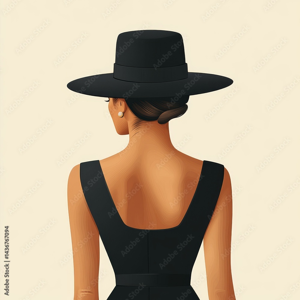 This illustration of a refined lady in a black dress and hat exudes style, making it ideal for fashion publications and blogs with a minimalist aesthetic This illustration of a refined lady in a black dress and hat exudes style, making it ideal for fashion publications and blogs with a minimalist aesthetic