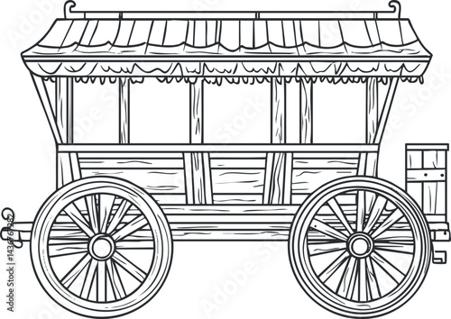 Black and white outline drawing of a vintage wooden covered wagon with large spoked wheels and a canopy