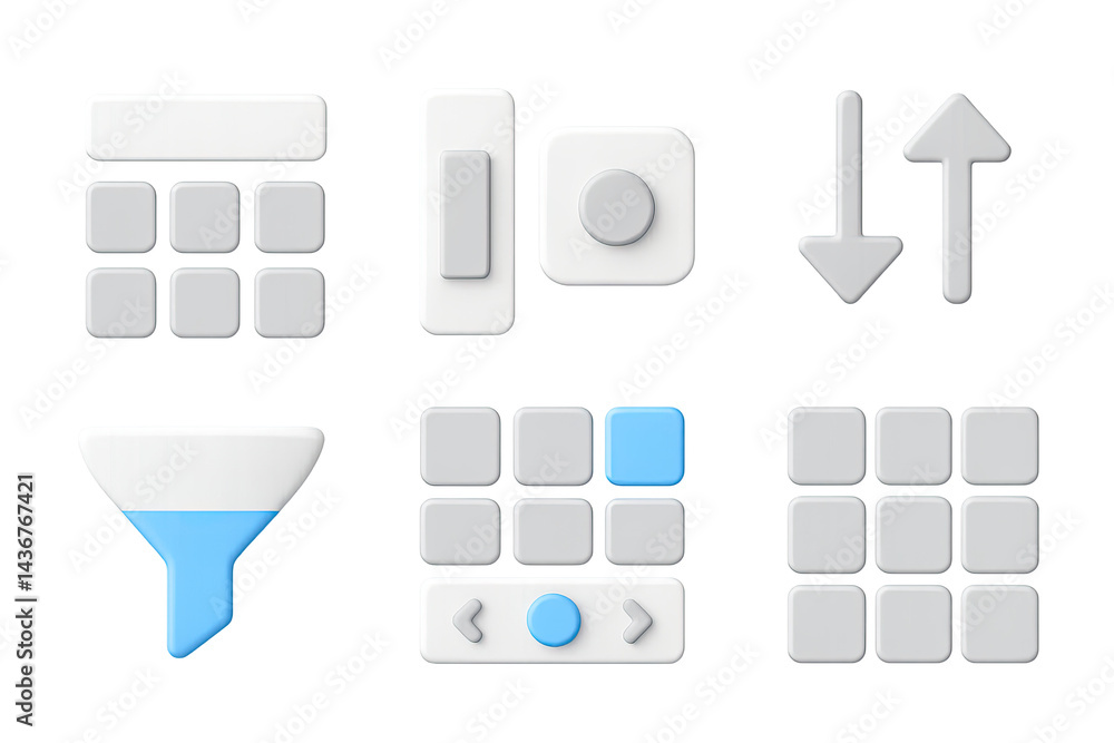 User interface 3d icon set – sleek style ui, ux, and design essentials for web and apps: grid, toggle, camera, arrows, filter, select, navigate.