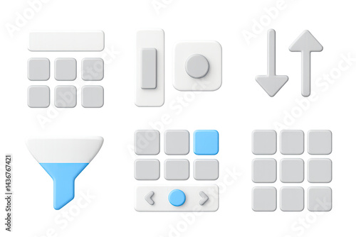 Obraz na płótnie User interface 3d icon set – sleek style ui, ux, and design essentials for web and apps: grid, toggle, camera, arrows, filter, select, navigate. w salonie