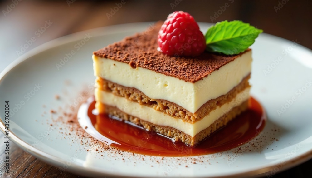 Individual serving of tiramisu, showcasing rich texture and layers , cream, sweet treat Individual serving of tiramisu, showcasing rich texture and layers , cream, sweet treat