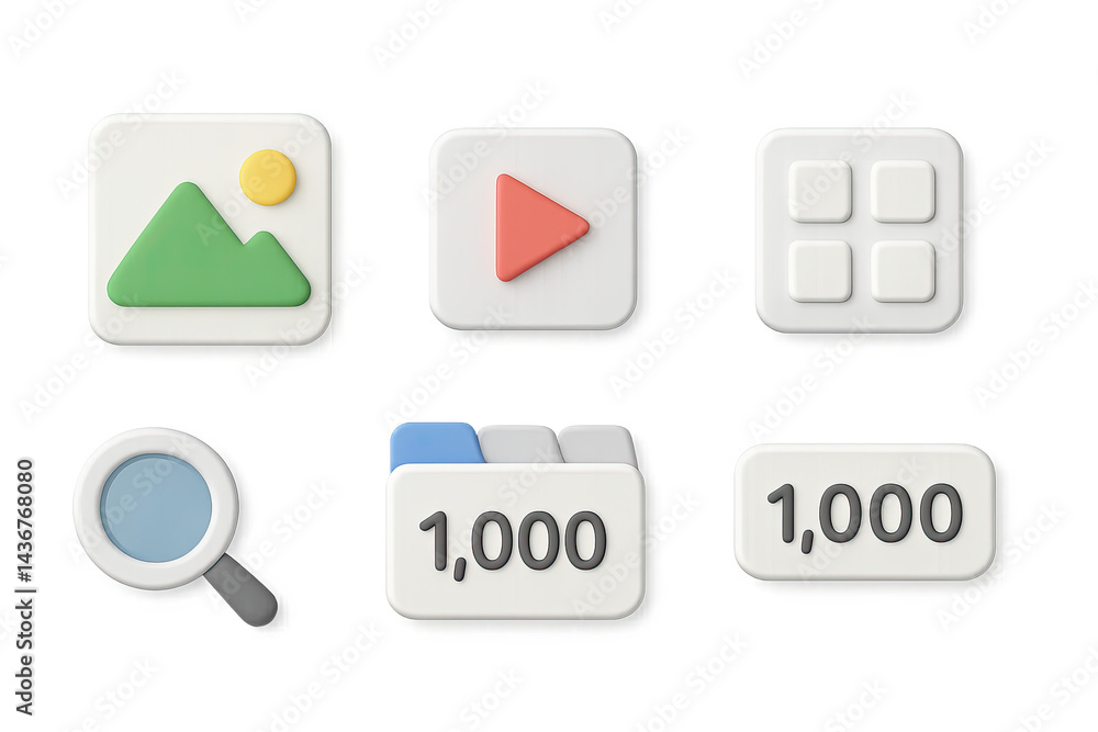Tech and media 3d icon set – flat style digital, multimedia, and interface symbols for web design: image, play, grid, search, files, numbers.