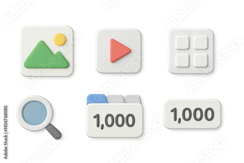 Obraz na płótnie Tech and media 3d icon set – flat style digital, multimedia, and interface symbols for web design: image, play, grid, search, files, numbers. w salonie