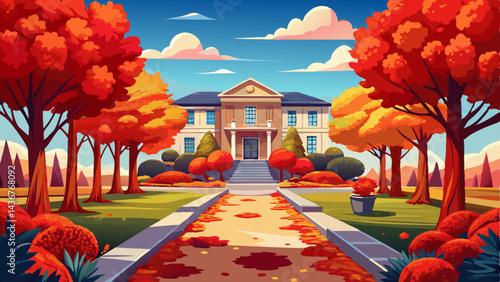 A tranquil autumn scene with a pathway covered in vibrant red leaves, bordered by manicured lawns and shrubs, leading to a building under clear blue
