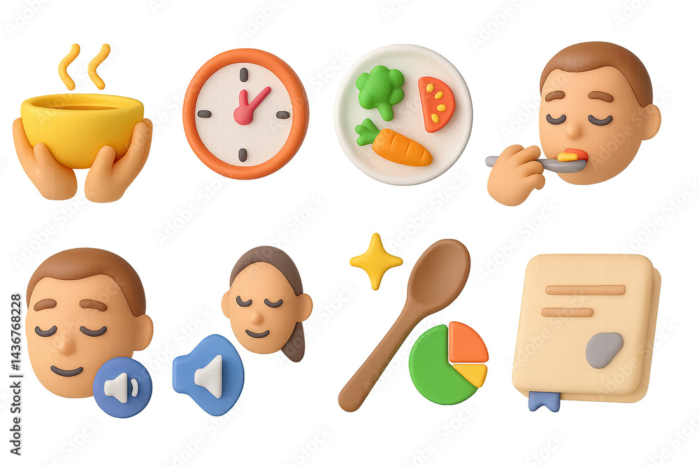 Mindful eating 3d icons set – isometric wellness, nutrition, and health symbols for balanced lifestyle: soup, clock, plate, eating, meditation, listening, pie chart, recipe.