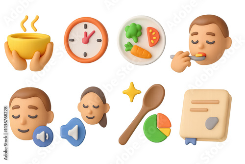 Obraz na płótnie Mindful eating 3d icons set – isometric wellness, nutrition, and health symbols for balanced lifestyle: soup, clock, plate, eating, meditation, listening, pie chart, recipe. w salonie
