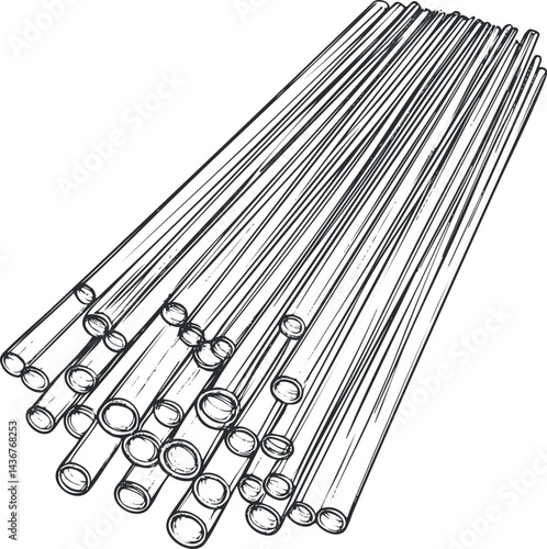 Stack of long hollow metal pipes arranged parallel for industrial and construction use