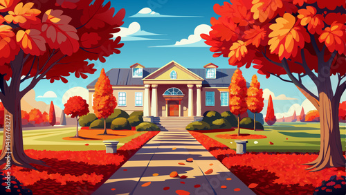 A tranquil autumn scene with a pathway covered in vibrant red leaves, bordered by manicured lawns and shrubs, leading to a building under clear blue