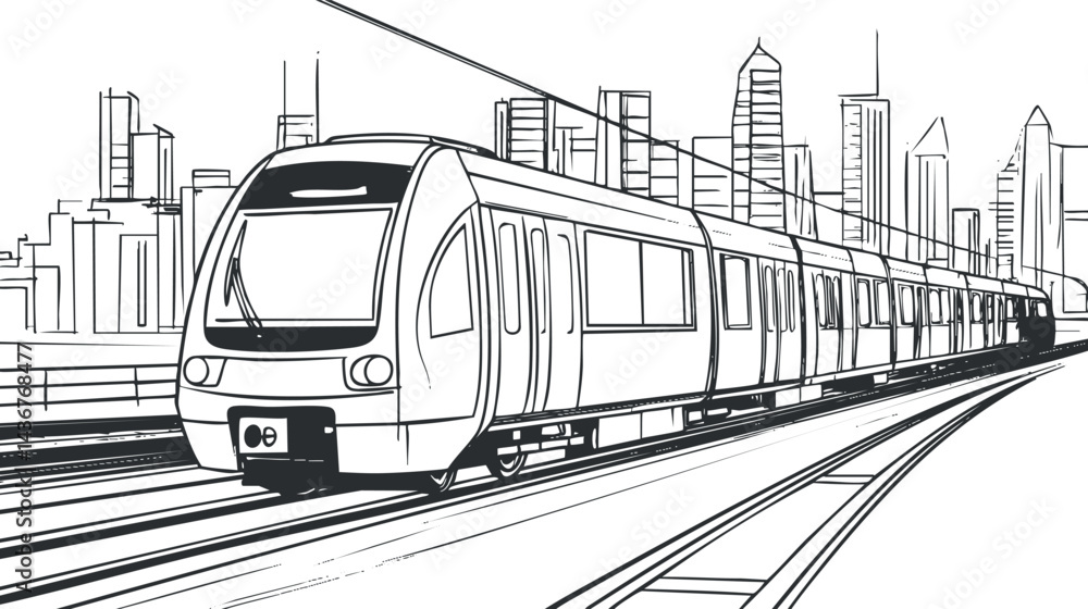 Naklejka premium Black and white line drawing of a modern urban train traveling on railway tracks through a cityscape with tall buildings.