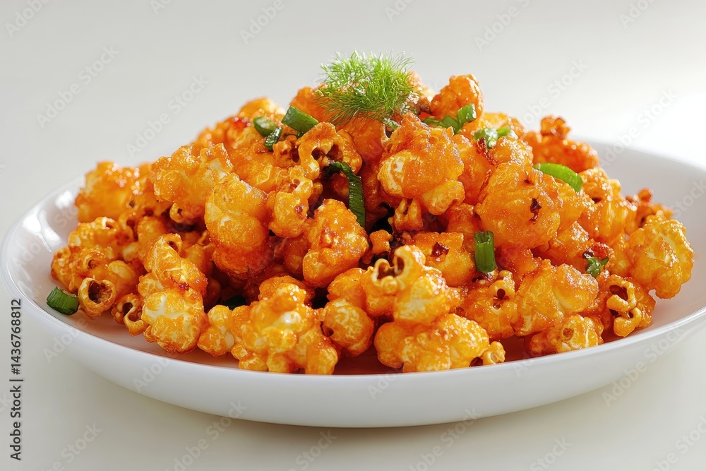Crispy, spiced popcorn heap on plate Crispy, spiced popcorn heap on plate