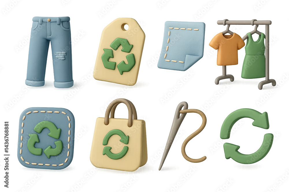 Sustainable fashion 3d icons set – eco-friendly recycling and clothing symbols for green lifestyle: jeans, recycle tag, paper, clothing rack, shopping bag, needle, hook, cycle arrow