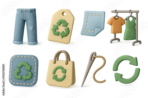 Obraz na płótnie Sustainable fashion 3d icons set – eco-friendly recycling and clothing symbols for green lifestyle: jeans, recycle tag, paper, clothing rack, shopping bag, needle, hook, cycle arrow w salonie