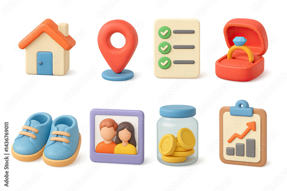 Home essentials 3d icon set – vibrant living, lifestyle, and home decor symbols: house, location marker, checklist, ring box, shoes, portrait frame, money jar, growth chart.