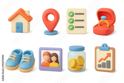 Obraz na płótnie Home essentials 3d icon set – vibrant living, lifestyle, and home decor symbols: house, location marker, checklist, ring box, shoes, portrait frame, money jar, growth chart. w salonie