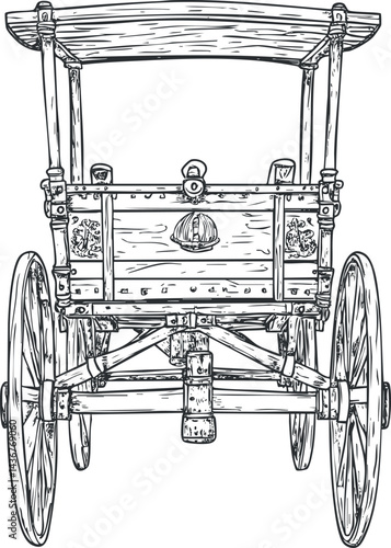 Front view sketch of an old wooden horse-drawn wagon with large spoked wheels and canopy roof