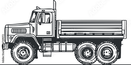 Black and white side view illustration of a heavy cargo truck for transportation and industrial use