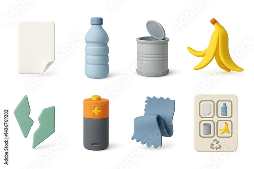 Recycling and waste management 3d icons set – sustainable environment, eco-friendly symbols for green initiatives: recycling bin, plastic bottle, can, banana peel, paper waste, battery, fabric,