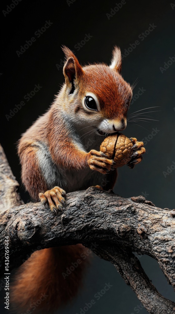 A close-up of a red squirrel skillfully holding a walnut on a branch, showcasing its playful nature. A close-up of a red squirrel skillfully holding a walnut on a branch, showcasing its playful nature.