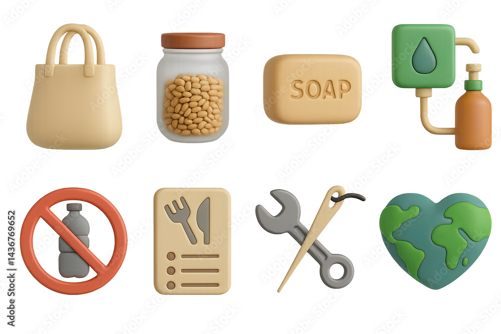 Sustainable living 3d icons – eco-friendly waste reduction, recycling, and green lifestyle symbols: tote bag, soap, water tap, no plastic, recycle, earth, wrench