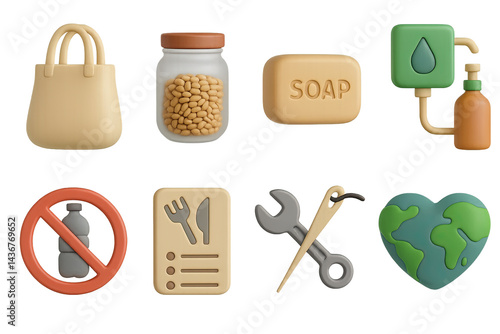 Obraz na płótnie Sustainable living 3d icons – eco-friendly waste reduction, recycling, and green lifestyle symbols: tote bag, soap, water tap, no plastic, recycle, earth, wrench w salonie