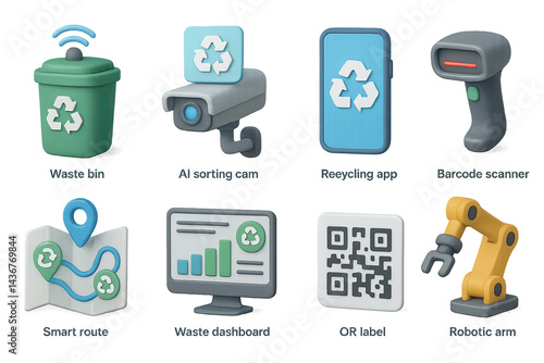 Obraz na płótnie Recycling innovation 3d icon set – isometric eco-friendly, sustainable design symbols for environmental tech: waste bin, ai sorting cam, recycling app, barcode scanner, qr label w salonie