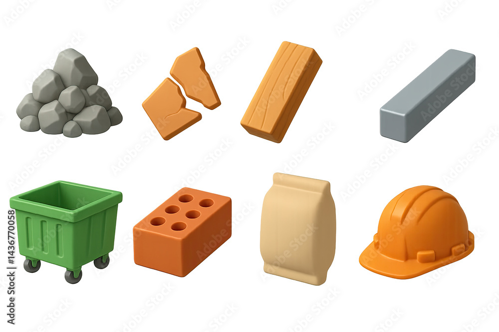 Construction tools and materials icon set – 3d style building, engineering, and infrastructure symbols: bricks, cement, hard hat, timber, steel beam, debris, dumpster.