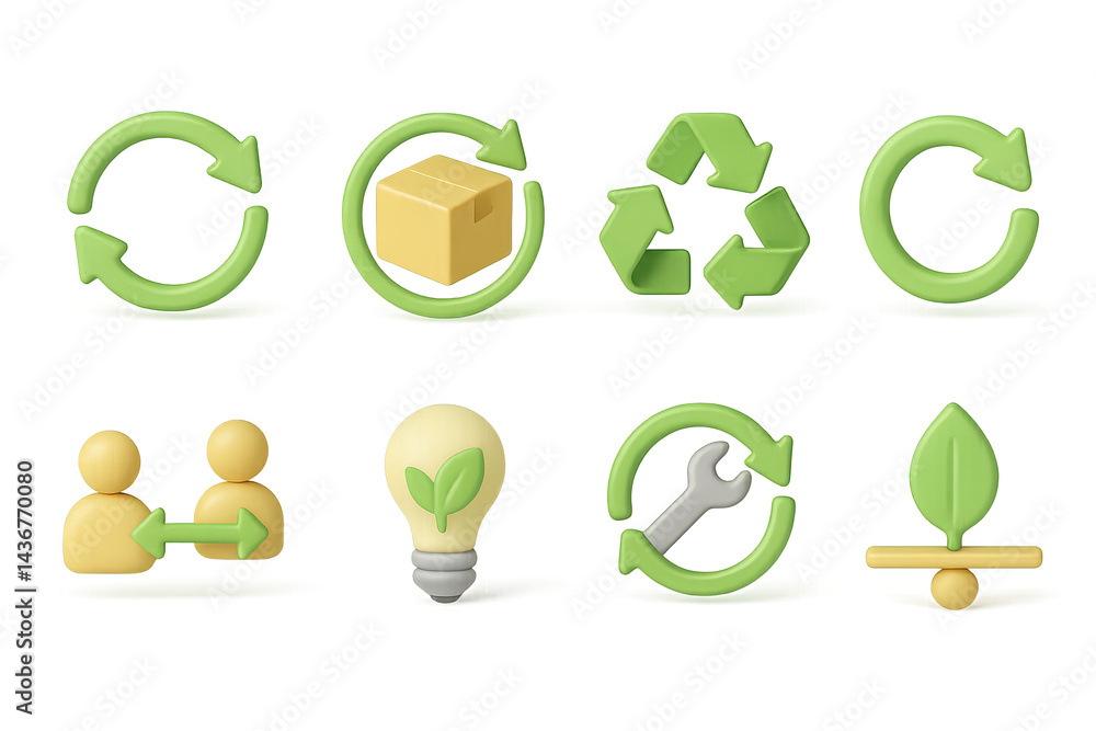 Eco-friendly 3d icon set - sustainability, recycling, and green energy symbols for environmentally conscious projects: arrows, box, recycle, collaboration, lightbulb, wrench, leaf
