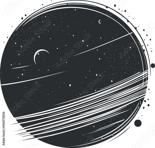 Black and white artistic illustration of a ringed planet with moons and stars in outer space